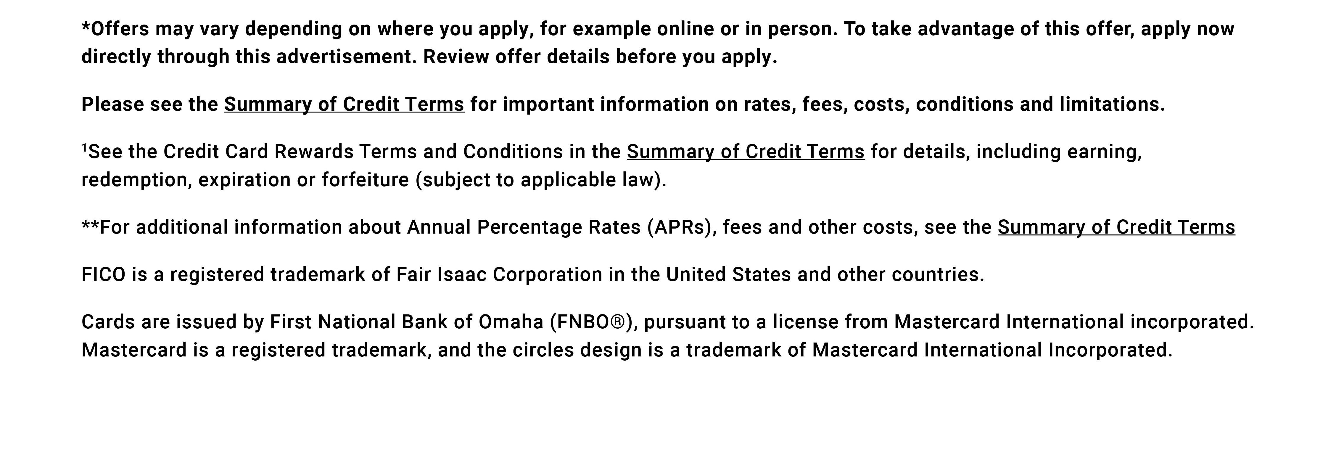 Summary of Credit Terms